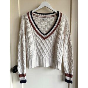 American Eagle Chunky Cable Knit V Neck Sweater Ivory Medium